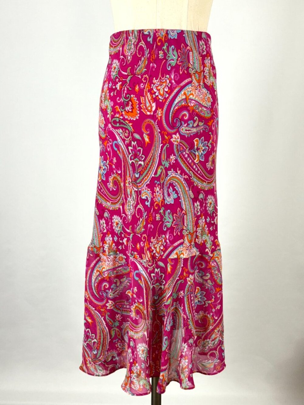 Chaps Y2K Hot Pink Paisley Floral Asymmetrical Ruffle Midi Skirt Elastic Waist - Picture 7 of 9
